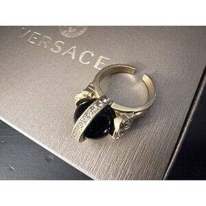 Versace Signed Men Vintage Medusa Icon Simulated Gems Black Gold Adjustable Ring